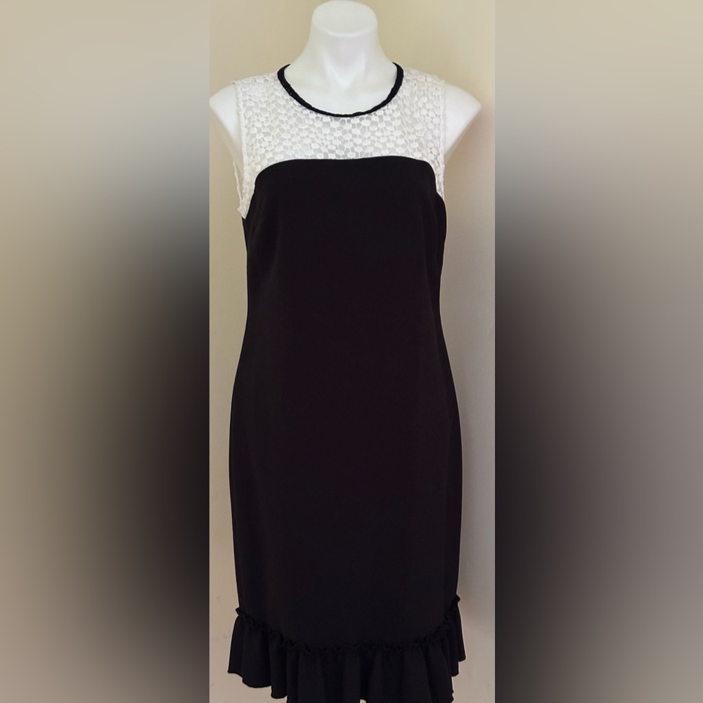 KARL LAGERFELD Black & White Midi Shift Dress Sz 10. Ruffle Hem. & Net Bodice